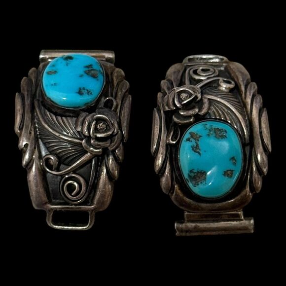 Vintage Native Signed Turquoise Sterling Watch Tips - Picture 2 of 5